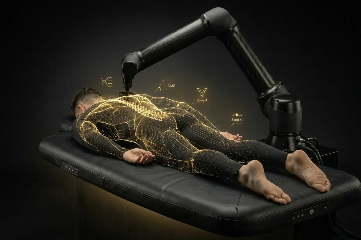 A gold 3D point-cloud scan overlay mapping the body on the Self table